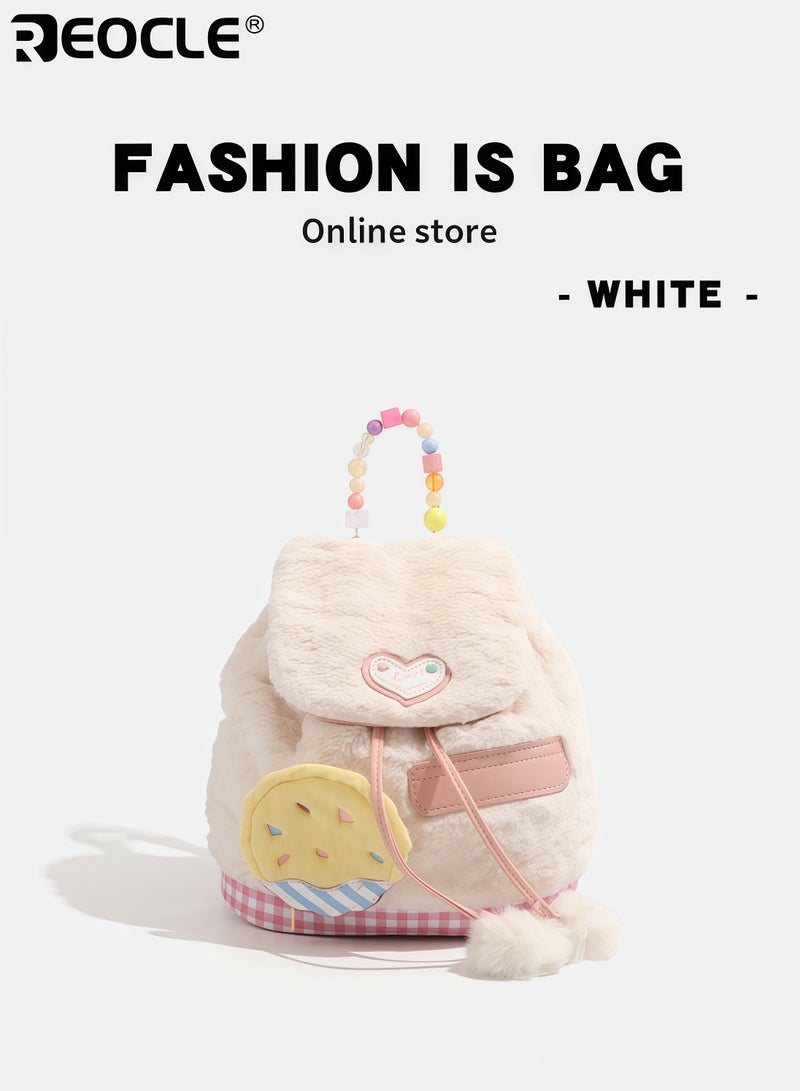 REOCLE Girl's Plush Backpack with Biscuit Charm and Double Strap Design School Bag with Soft Structure for Daily Cute Carry - Image 2