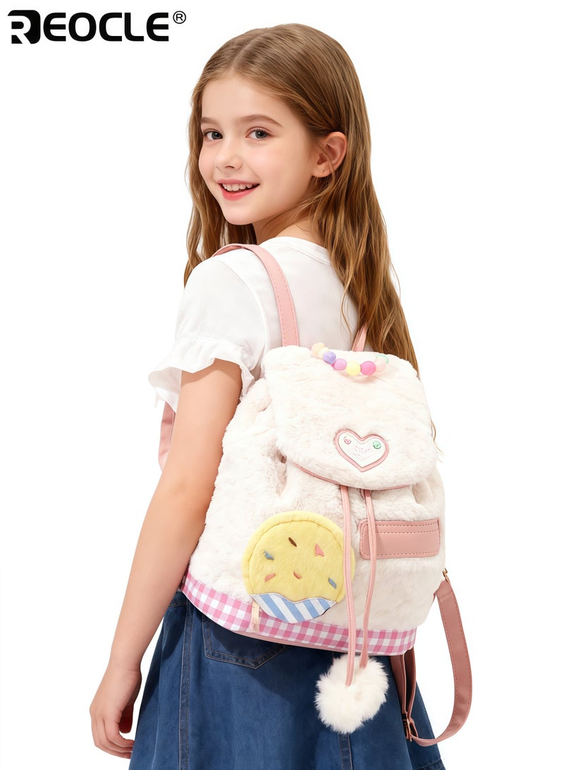 REOCLE Girl's Plush Backpack with Biscuit Charm and Double Strap Design School Bag with Soft Structure for Daily Cute Carry - Image 1