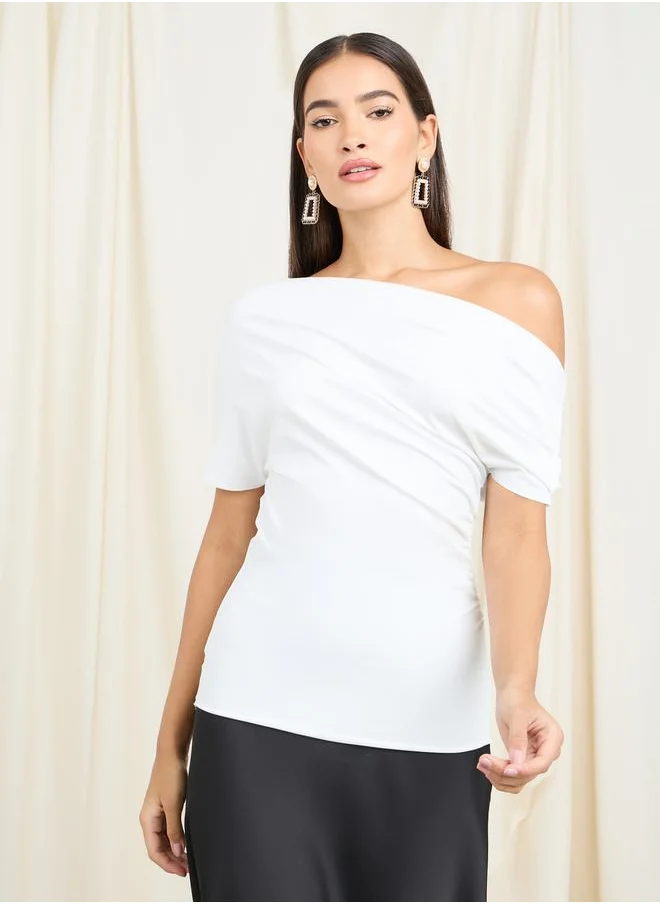 Styli Off Shoulder Asymmetric Neck Short Sleeve Knit Top