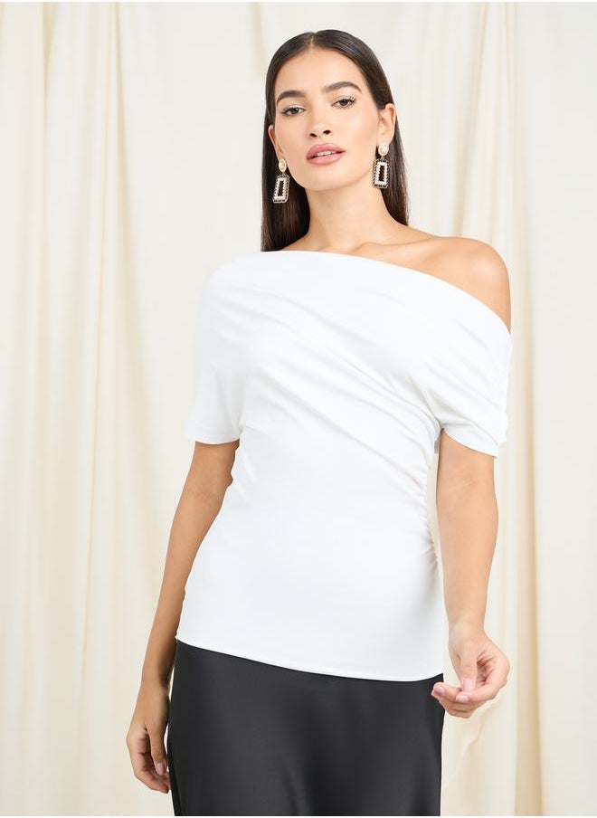 Styli - Off Shoulder Asymmetric Neck Short Sleeve Knit Top - Image 1