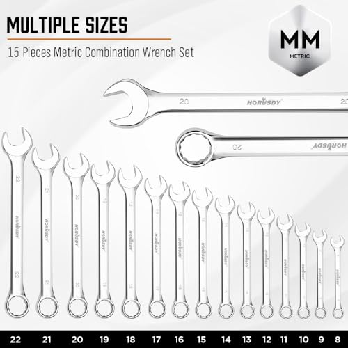 HORUSDY 15-Piece Metric Wrench Sets, Premium Combination Wrench Set Metric 8-22mm, Max Torque, 12-Point, Chrome Vanadium Steel, with Storage Rack - Image 5