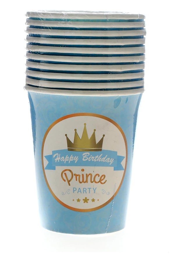 10pc Disposable Cups Printed Blue Banner Ribbon Happy Birthday Prince Party & Crown (270 ml each Cup) 