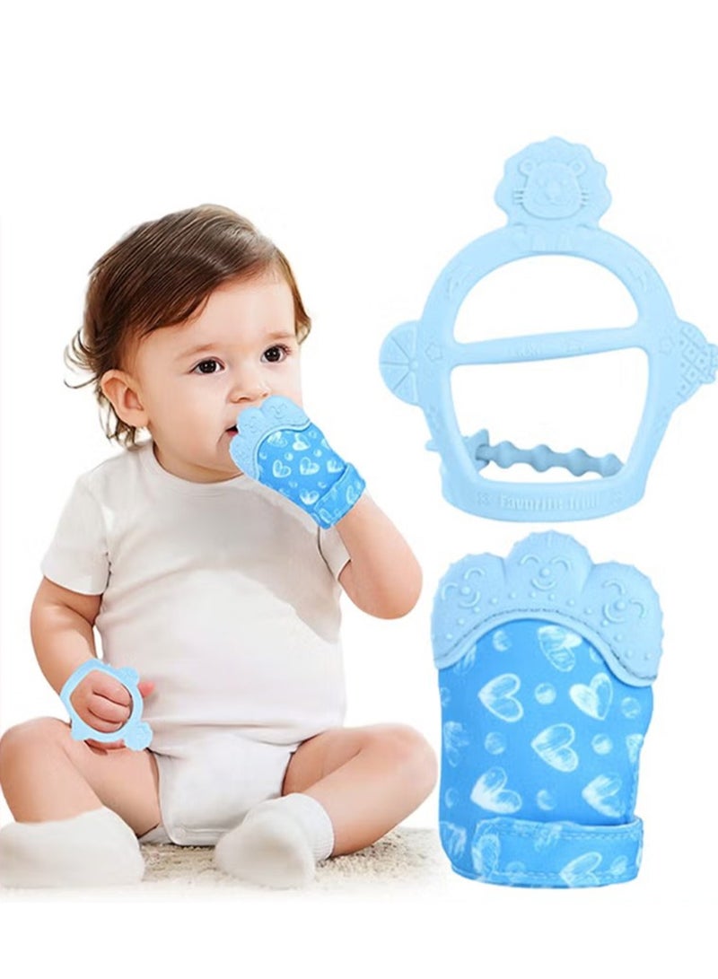 VIVP 2Pcs Silicone Teething Mitten Set, Baby Teething Toy with Lion & Hearts Pattern, Toddler Teething Gloves with Adjustable Strap, Crinkle Sound, Self Soothing Baby Chew Toys for Infants (Blue) - Image 1