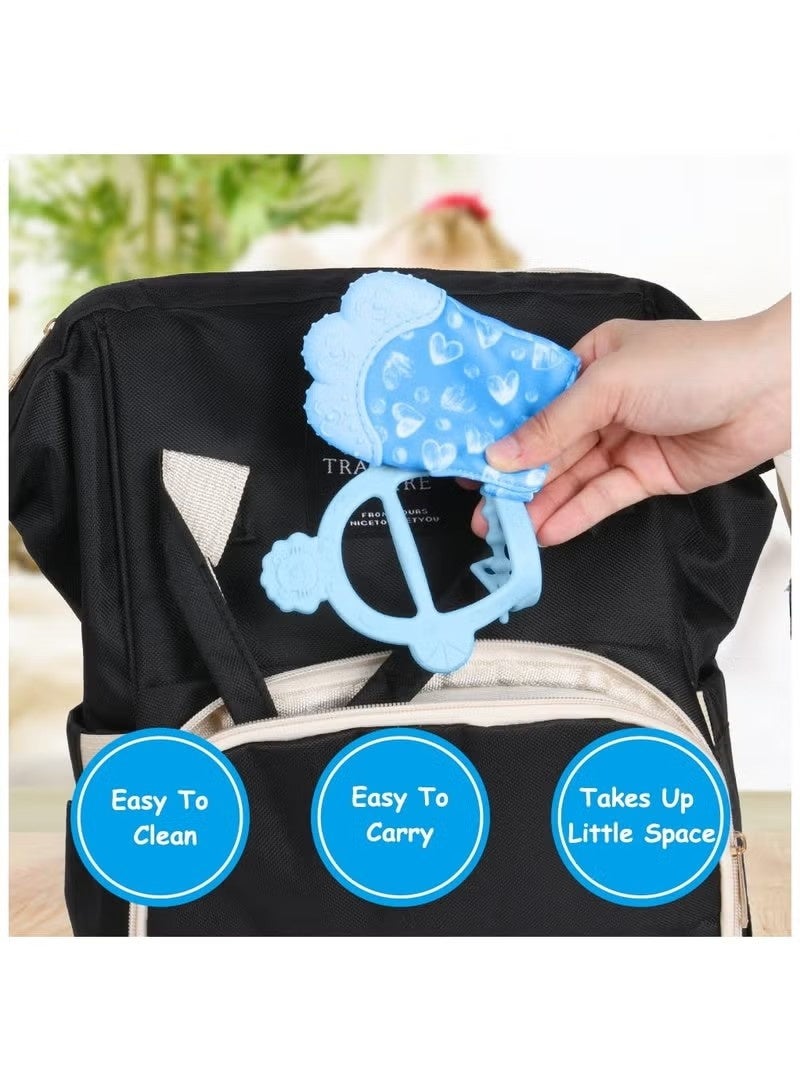 VIVP 2Pcs Silicone Teething Mitten Set, Baby Teething Toy with Lion & Hearts Pattern, Toddler Teething Gloves with Adjustable Strap, Crinkle Sound, Self Soothing Baby Chew Toys for Infants (Blue) - Image 3