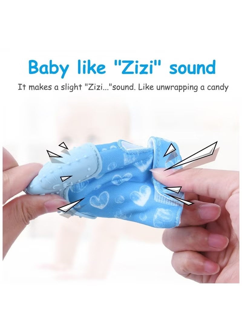 VIVP 2Pcs Silicone Teething Mitten Set, Baby Teething Toy with Lion & Hearts Pattern, Toddler Teething Gloves with Adjustable Strap, Crinkle Sound, Self Soothing Baby Chew Toys for Infants (Blue) - Image 5