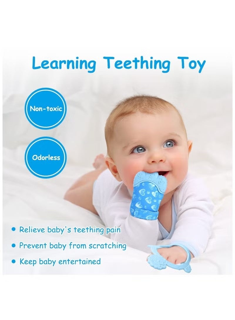 VIVP 2Pcs Silicone Teething Mitten Set, Baby Teething Toy with Lion & Hearts Pattern, Toddler Teething Gloves with Adjustable Strap, Crinkle Sound, Self Soothing Baby Chew Toys for Infants (Blue) - Image 2
