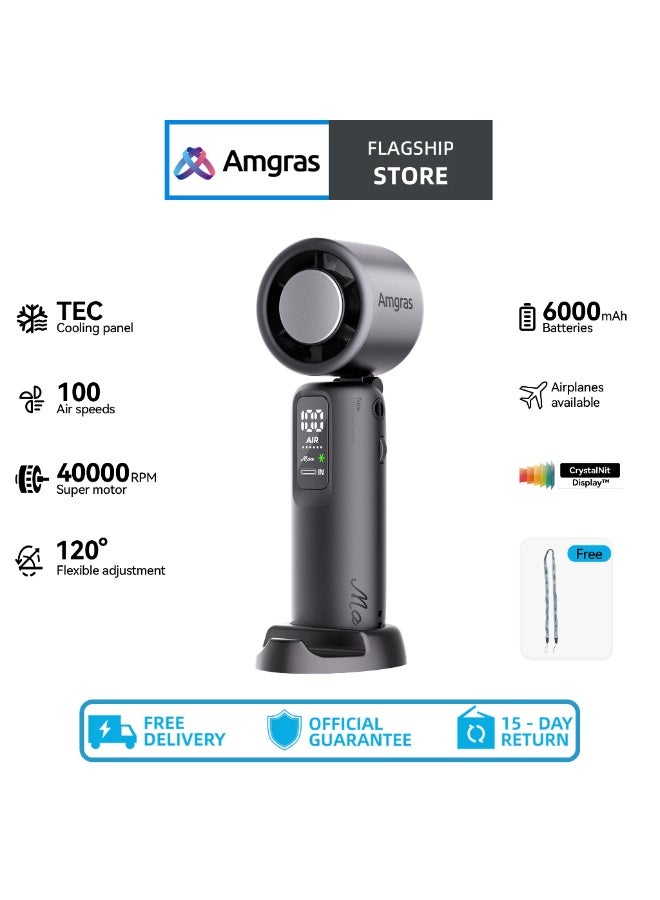 Amgras MetaHeld Fan Max Portable Handheld Fan Starry Black, Ultra-High Speed Turbo Fan with 100-Speed Adjustment, Foldable Design & 6000mAh Battery