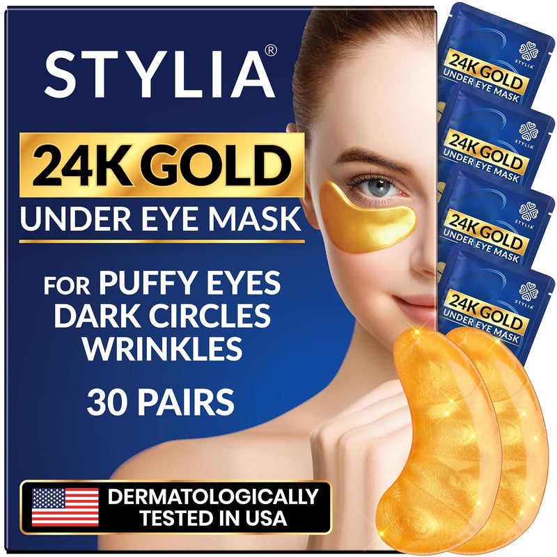Stylia Under Eye Patches for Puffy Eyes and Dark Circles 30 Pairs 24k Gold Eye Mask Eye Mask Skincare Eye Care for Wrinkles and Puffiness Collagen Under Eye Masks Moisturizing Eye Gel Pads