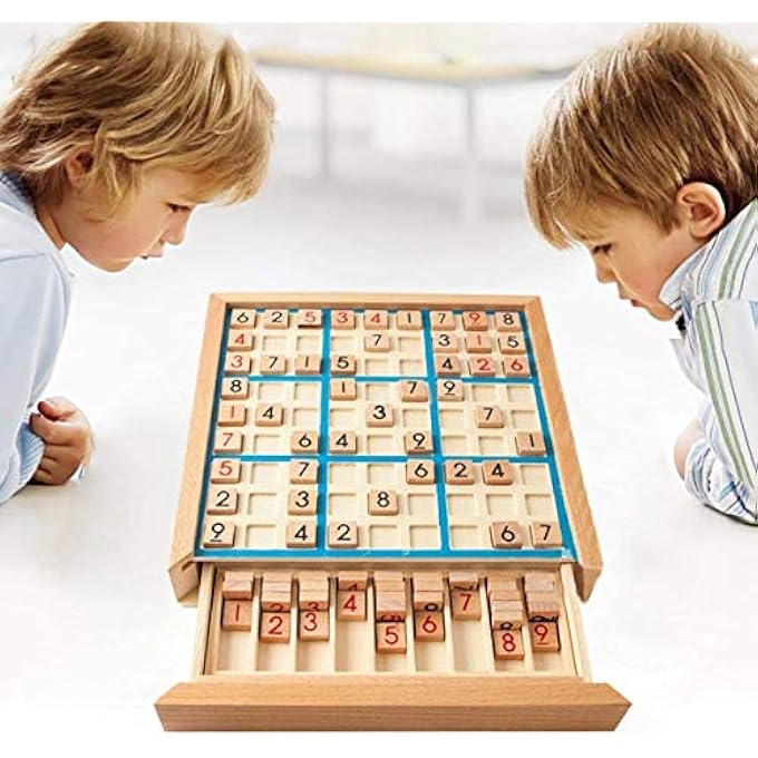 DELEE Wooden Sudoku Board Game with Drawer Number Puzzle ParentChild Action Kids Logical Developmental Intelligence Educational Toy - Image 1
