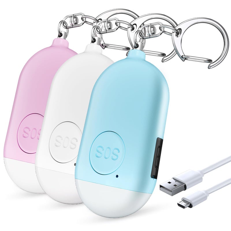 Kimfly Personal Safety Alarm - 3-Pack - Rechargeable - Strobe LED Flashlight - SOS Emergency Loud Siren - Self-Defense Keychain - for Women, Students, Children, Seniors (White, Pink, Blue) - Image 1