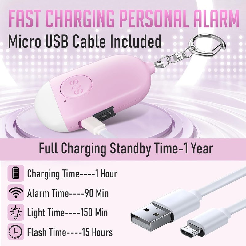 Kimfly Personal Safety Alarm - 3-Pack - Rechargeable - Strobe LED Flashlight - SOS Emergency Loud Siren - Self-Defense Keychain - for Women, Students, Children, Seniors (White, Pink, Blue) - Image 3