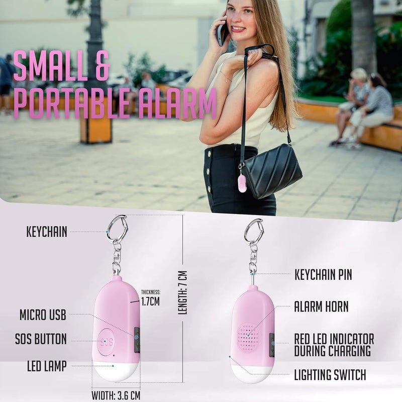 Kimfly Personal Safety Alarm - 3-Pack - Rechargeable - Strobe LED Flashlight - SOS Emergency Loud Siren - Self-Defense Keychain - for Women, Students, Children, Seniors (White, Pink, Blue) - Image 5