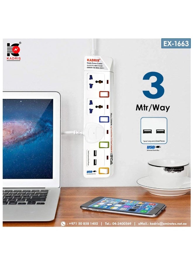 KADRIS Power Strips 914 Heavy Duty Extension Cord 2 USB 2.1A with 3 way Outlets with individual switch, Charging Socket with 3 meter Heat resistant  Extension Cord (White)  - Image 5