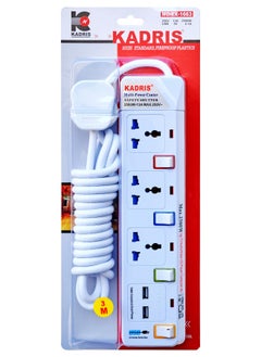 KADRIS Power Strips 914 Heavy Duty Extension Cord 2 USB 2.1A with 3 way Outlets with individual switch, Charging Socket with 3 meter Heat resistant  Extension Cord (White)  - Image 3
