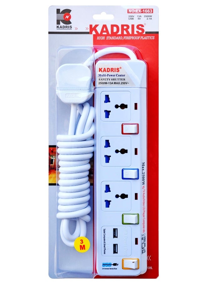 KADRIS Power Strips 914 Heavy Duty Extension Cord 2 USB 2.1A with 3 way Outlets with individual switch, Charging Socket with 3 meter Heat resistant  Extension Cord (White)  - Image 3