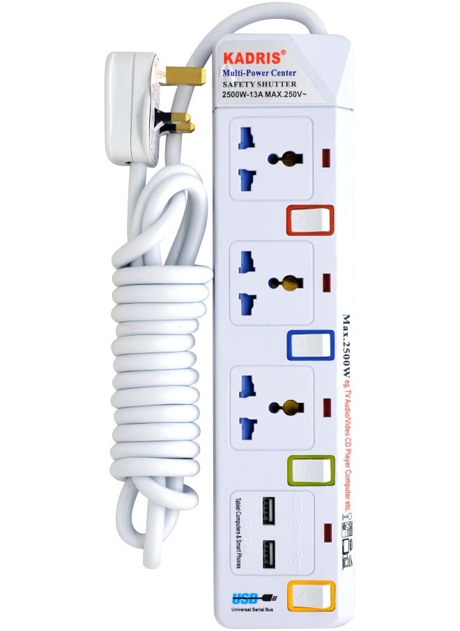KADRIS Power Strips 914 Heavy Duty Extension Cord 2 USB 2.1A with 3 way Outlets with individual switch, Charging Socket with 3 meter Heat resistant  Extension Cord (White)  - Image 1