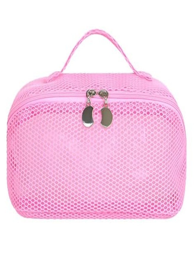 JRM Women’s Large Capacity Cosmetic Travel Bag - Waterproof Leather Makeup Organizer with Wide Opening, Dividers with Handle (See Through Cross Open, Pink) - Image 1