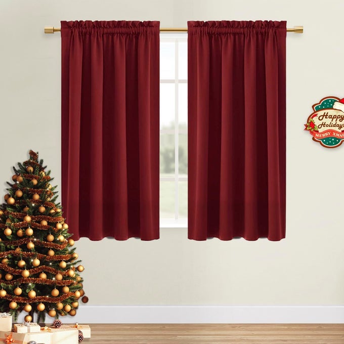 CHRISTMAS BURGUNDY ROOM DARKENING BLACKOUT CURTAINS THERMAL INSULATED PRIVACY ENERGY SAVING WINDOW CURTAIN DRAPES 38 X 45 INCH LENGTH SET OF 2 BEDROOM LIVING ROOM CURTAINS