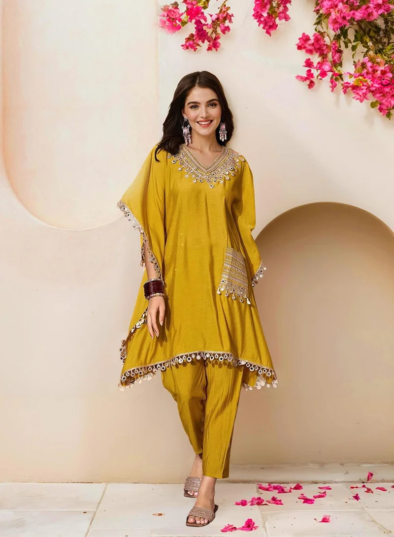 ISHIN Women'S Yellow Roman Silk Self Design Full Length Palazzo Kurta Set