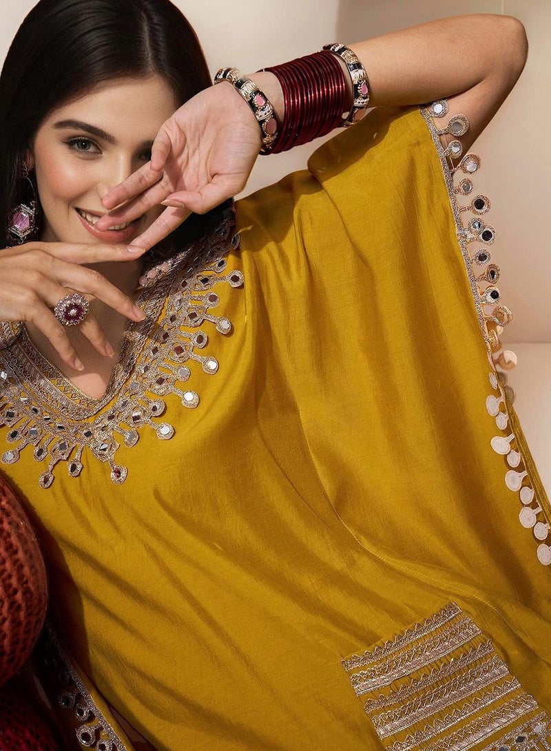 ISHIN Women'S Yellow Roman Silk Self Design Full Length Palazzo Kurta Set - Image 1