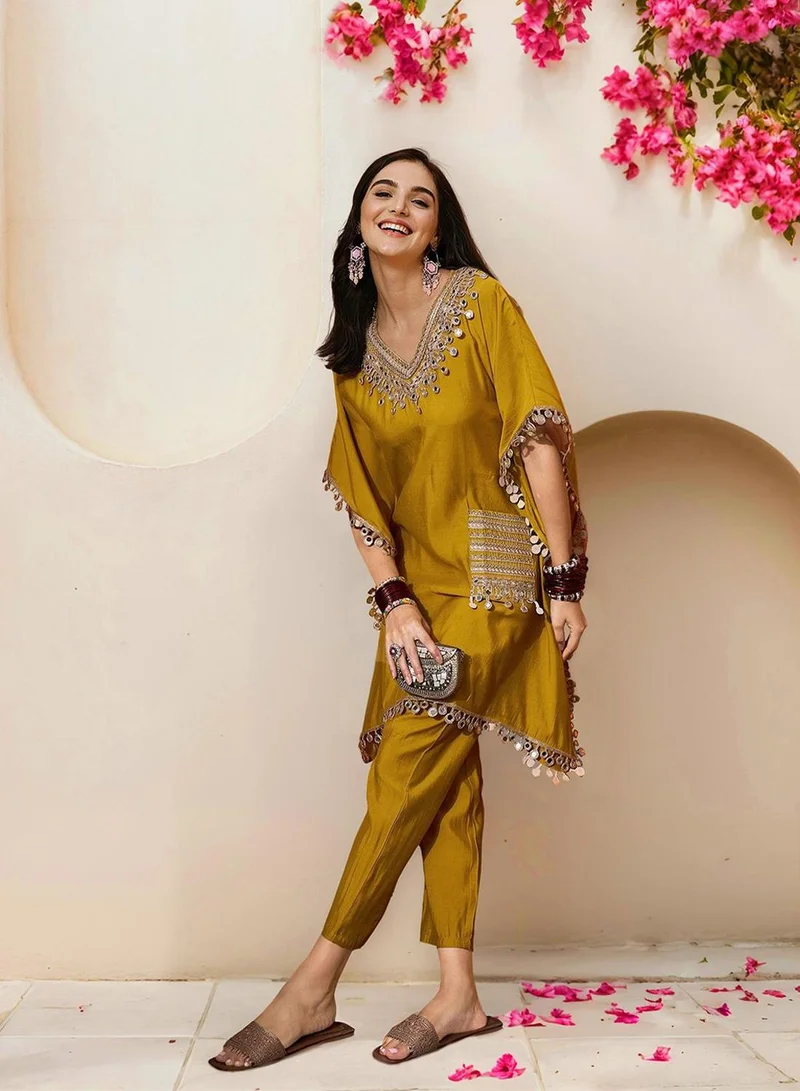 ISHIN Women'S Yellow Roman Silk Self Design Full Length Palazzo Kurta Set