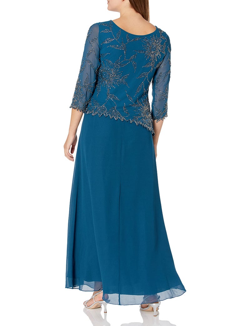 J Kara Women's Scoop Neck Line with 3/4 Sleeve Beaded Top Long Dress, Teal/Multi, 12 - Image 2
