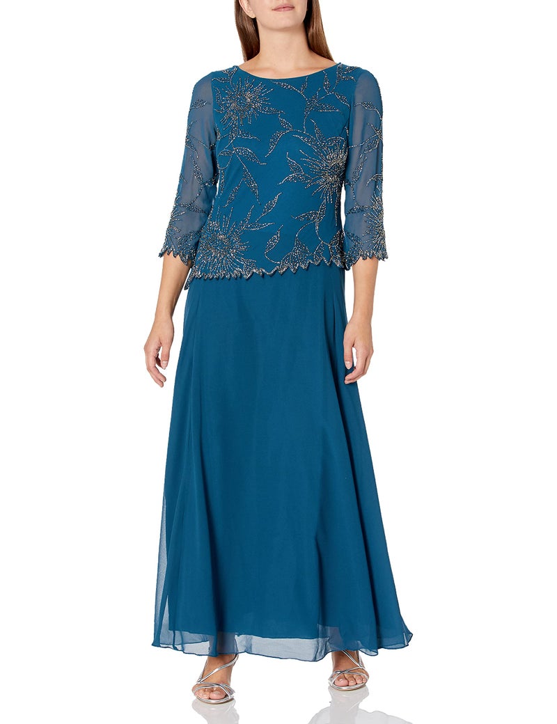 J Kara Women's Scoop Neck Line with 3/4 Sleeve Beaded Top Long Dress, Teal/Multi, 12 - Image 1