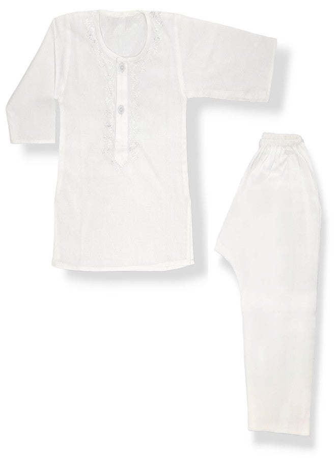 Tangy طقم كورتا بيجاما للأطفال بنكهة مميزة | كورتا قطنية مزخرفة بالأزهار | كورتا احتفالية للأطفال (أبيض، 12-18 شهر)  - Image 1