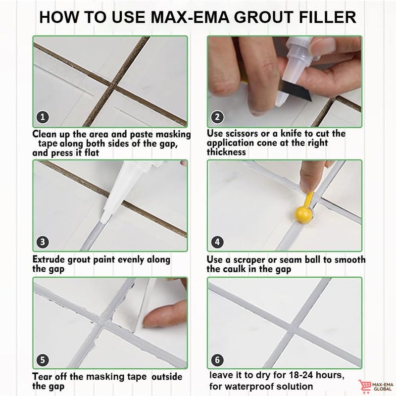 ماكس-إيما جلوبال Max-EMA Global عبوة واحدة من معجون سد الفواصل بين البلاط 280 مل، لون أبيض - مادة عازلة للماء ومقاومة للتسرب، مثالية للإصلاحات المنزلية الذاتية (DIY) وسد الفراغات في بلاط الجدران والأرضيات، وكذلك عزل أحواض الحمامات والمطابخ. - Image 3