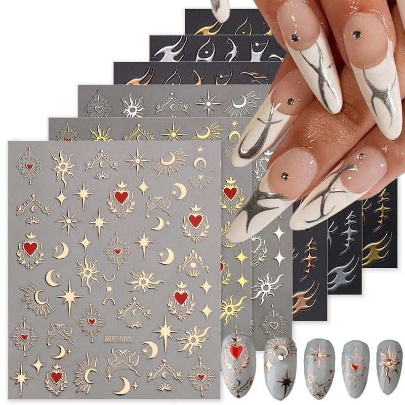 KRTBKR 6 Sheets Sun Star Nail Art Stickers Moon Nail Stickers Fish Bone Nail Decals Gold Rose Sliver Fish Bone Moon Star Design Nail Art Supplies for Women Girls Acrylic Nails Decorations Salon Accessories - Image 1