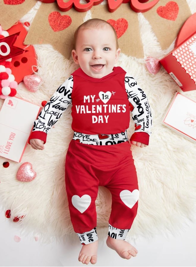 Fommy Baby Boy Valentines Day Outfit 9-12 Months My First Valentines Day Baby Boy Outfit Red hoodie Love Pants Baby Valentines Day Gift - Image 3