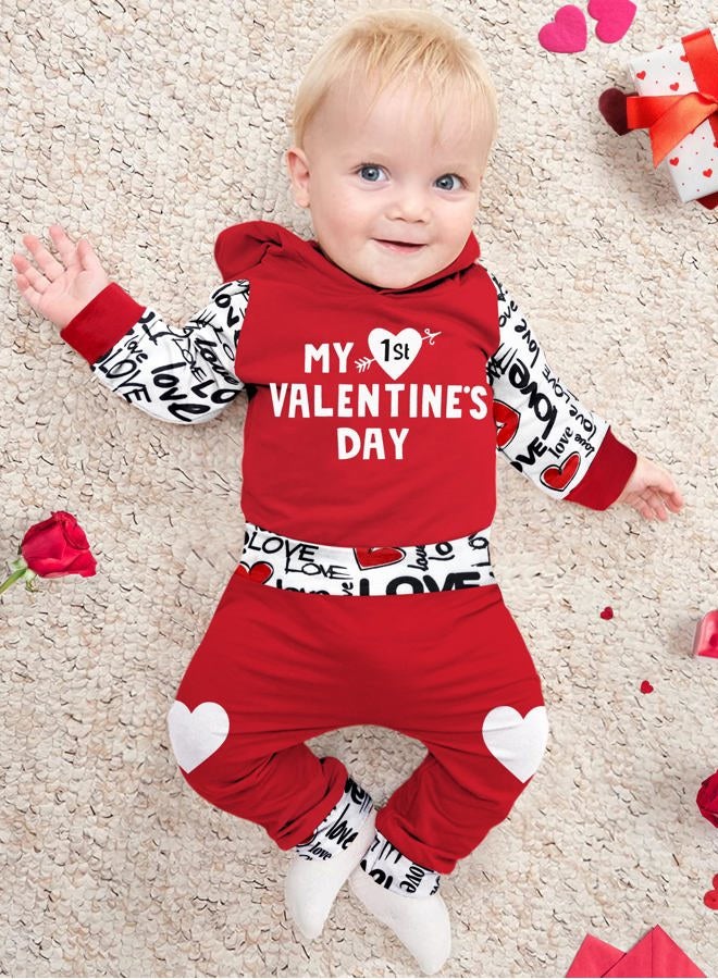 Fommy Baby Boy Valentines Day Outfit 9-12 Months My First Valentines Day Baby Boy Outfit Red hoodie Love Pants Baby Valentines Day Gift - Image 2