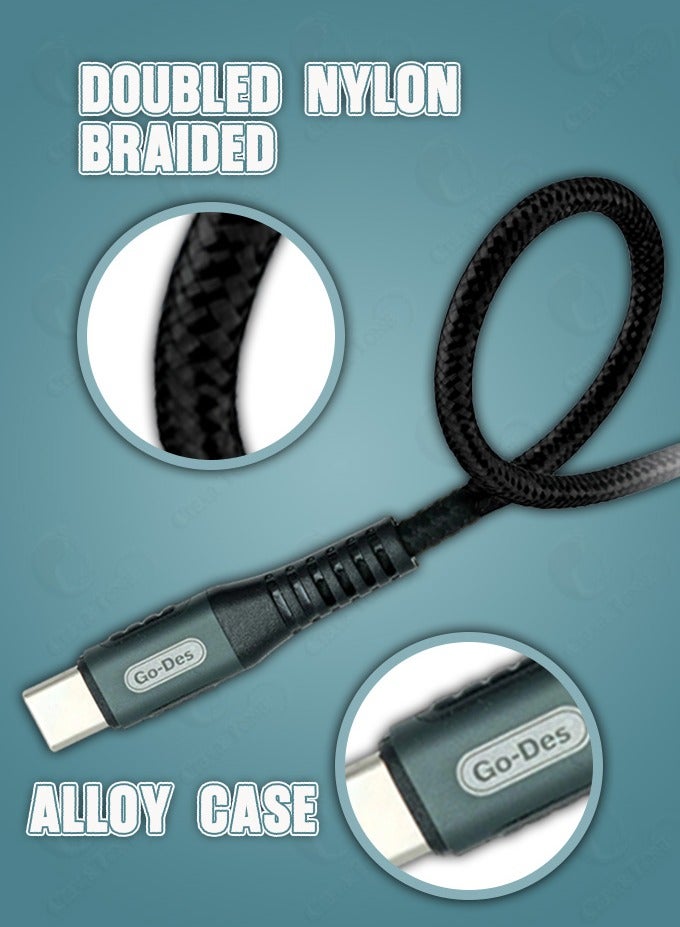 GO-DES 100W Ultra-Fast Type C to Type C Data Cable - 1000mm Length | Smart Chip | Nylon Braided Weave | 30,000-Fold Endurance Capacity | High-Quality Tinned Copper Wire for Efficient Charging & Long-Lasting Use - Image 3