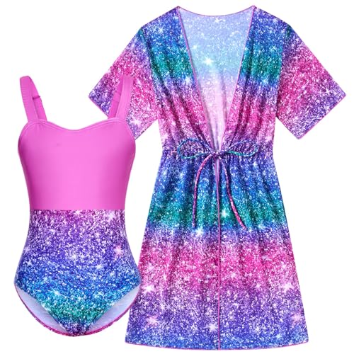 Funnycokid Girls One Piece Swimsuits Size 9 10 Bathing Suit Cover up Swim Suits Glitter Print 9-10 Years Blue Purple - Image 1