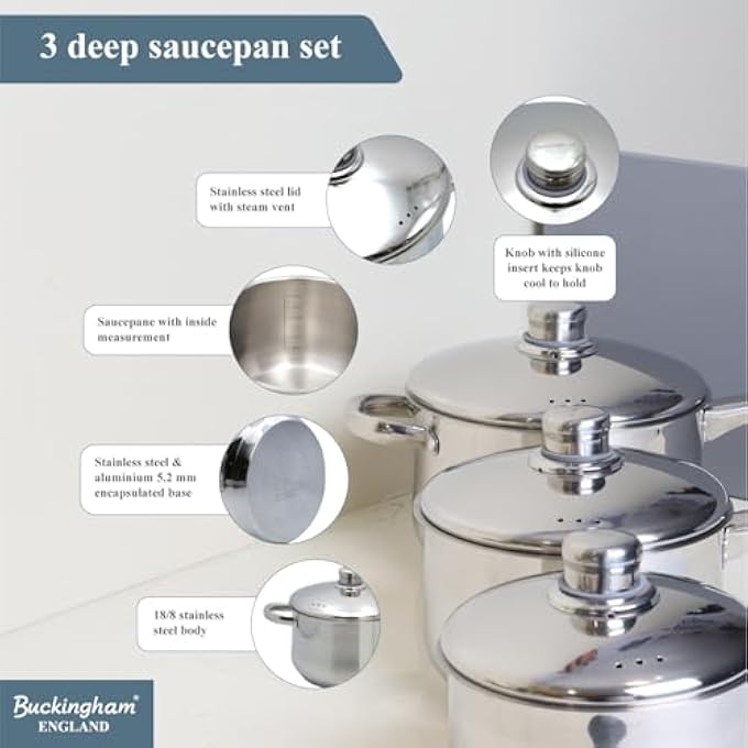 Buckingham Professional Induction Stainless Steel Set Of 3 Deep Saucepans With Lid Cooking Pot 16 Cm  20 L 18 Cm  28 L  20 Cm  38 L  Premium Quality - Image 3