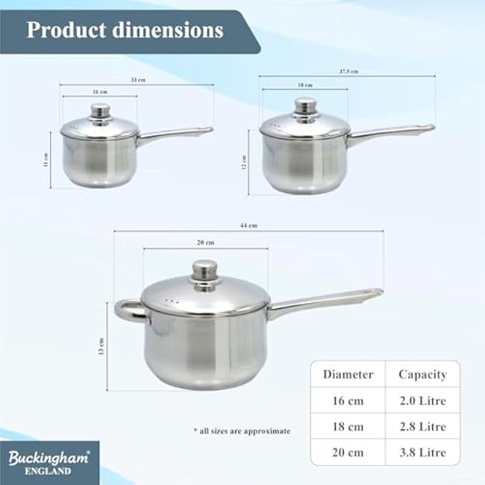 Buckingham Professional Induction Stainless Steel Set Of 3 Deep Saucepans With Lid Cooking Pot 16 Cm  20 L 18 Cm  28 L  20 Cm  38 L  Premium Quality - Image 2