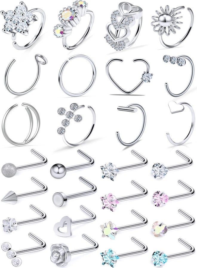 Ocptiy 18G Nose Rings Studs Hoop Piercing Jewelry for Women Stainless Surgical Steel Hypoallergenic L Shaped Cute Nose Rings Bend Curved Cubic Zirconia Nose Nostril Ring Stud Piercing Jewelry Men 2MM - Image 1
