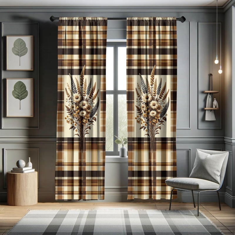 Ambesonne Autumnal Window Curtains Pack of 2  Earthy Fall Tone Leafy Floral Bouquet Illustration with Tartan Plaid Back  Lightweight Set with Rod Pocket  4 Panels of - 28"" x 95""  Camel Beige Caramel - Image 5