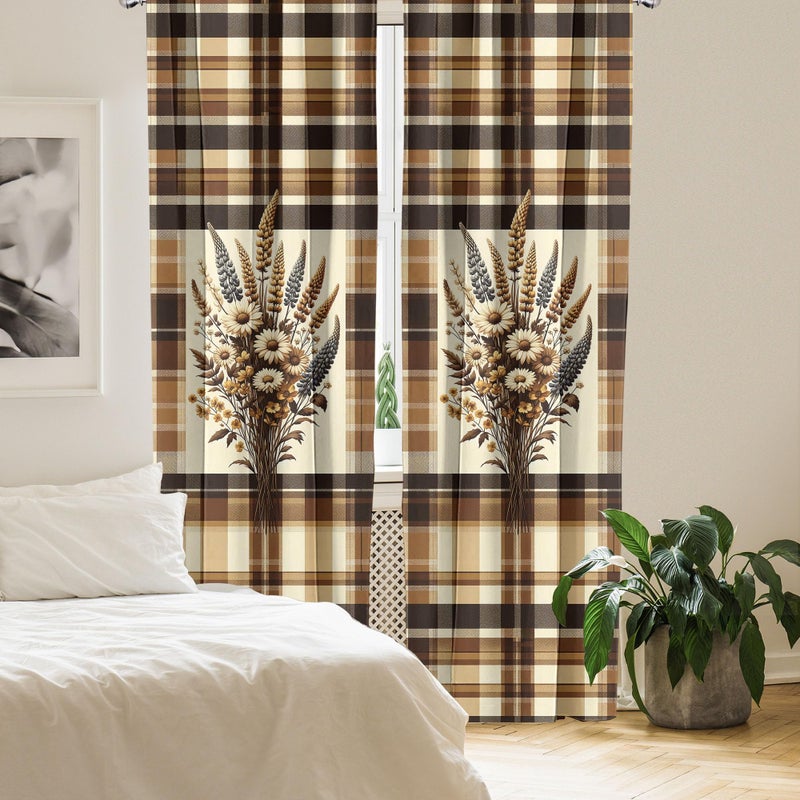 Ambesonne Autumnal Window Curtains Pack of 2  Earthy Fall Tone Leafy Floral Bouquet Illustration with Tartan Plaid Back  Lightweight Set with Rod Pocket  4 Panels of - 28"" x 95""  Camel Beige Caramel - Image 3