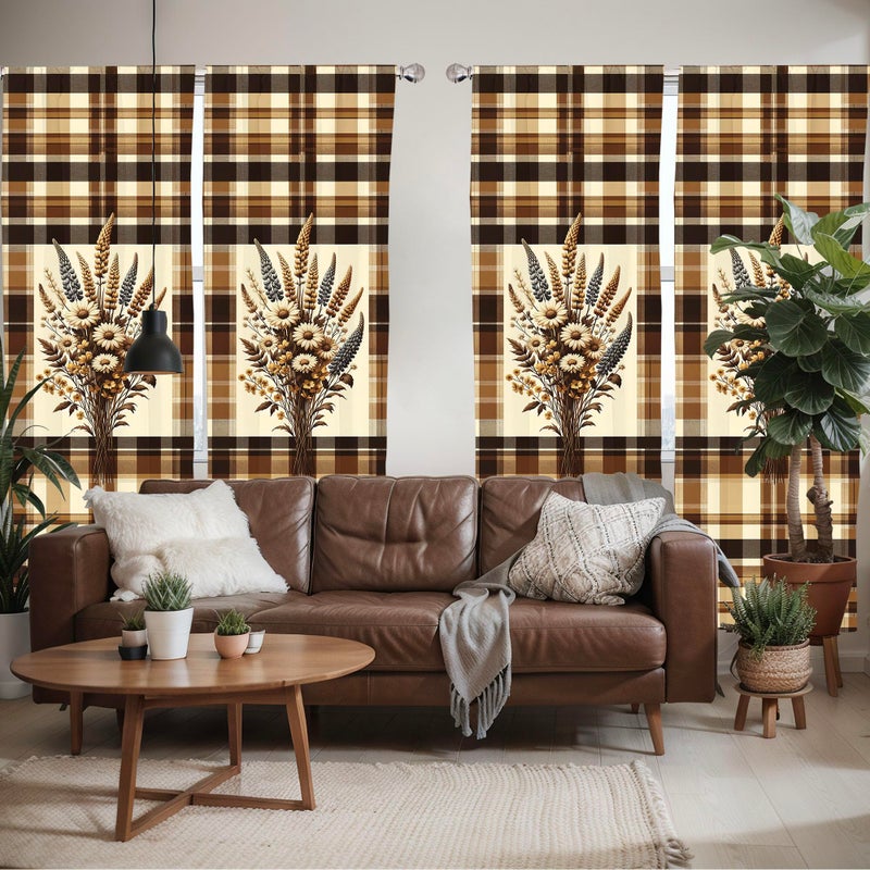 Ambesonne Autumnal Window Curtains Pack of 2  Earthy Fall Tone Leafy Floral Bouquet Illustration with Tartan Plaid Back  Lightweight Set with Rod Pocket  4 Panels of - 28"" x 95""  Camel Beige Caramel - Image 2