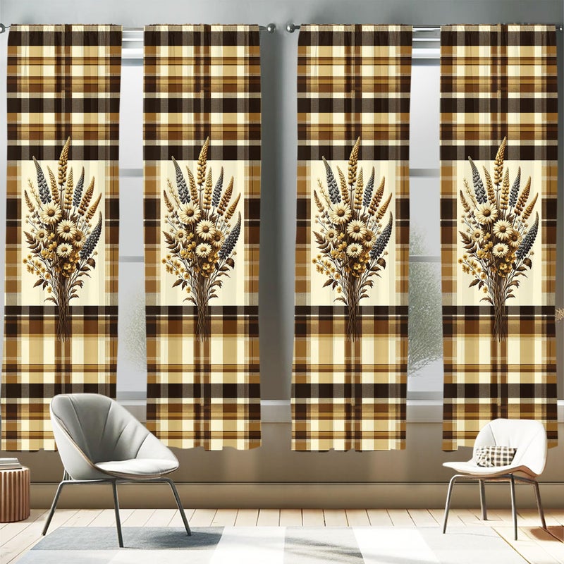 Ambesonne Autumnal Window Curtains Pack of 2  Earthy Fall Tone Leafy Floral Bouquet Illustration with Tartan Plaid Back  Lightweight Set with Rod Pocket  4 Panels of - 28"" x 95""  Camel Beige Caramel - Image 1