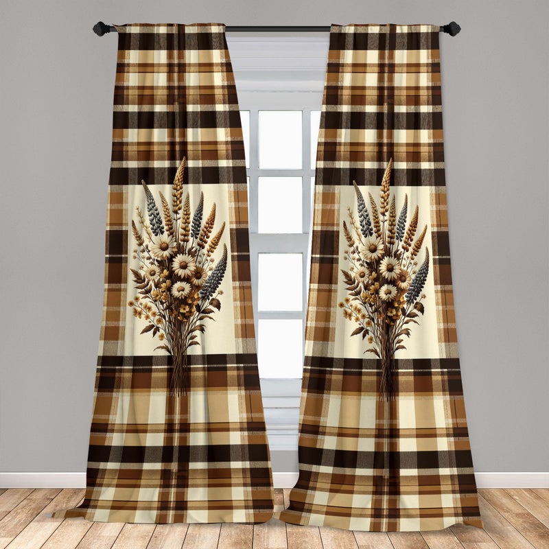 Ambesonne Autumnal Window Curtains Pack of 2  Earthy Fall Tone Leafy Floral Bouquet Illustration with Tartan Plaid Back  Lightweight Set with Rod Pocket  4 Panels of - 28"" x 95""  Camel Beige Caramel - Image 4