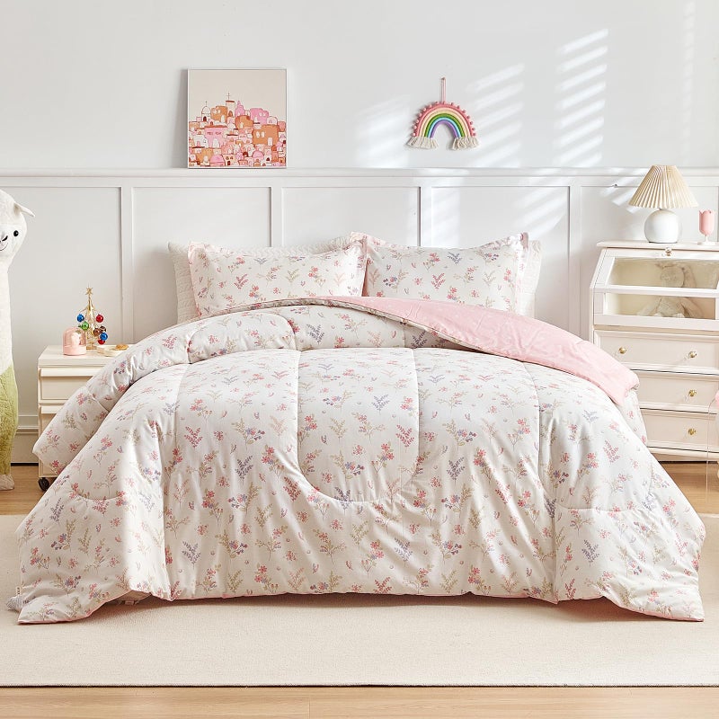 Joyreap 3pcs Cotton Comforter Set for Girls, Pink Floral Design, Queen Size Soft n Cozy Bedding Comforter Set for All Season- 88x88 inches - Image 3