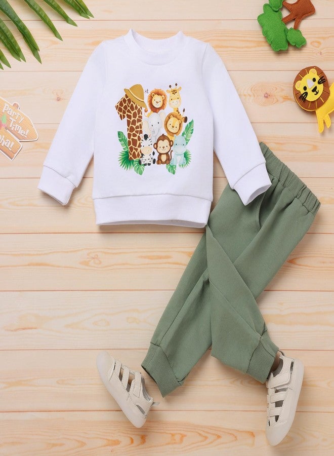 IKADEX Toddler Baby 1st 2nd Birthday Outfit Boy Girl Animal Wild One Print Long Sleeve Top Sweatshirt and Pant Set 2Pcs White 12-18M - Image 2