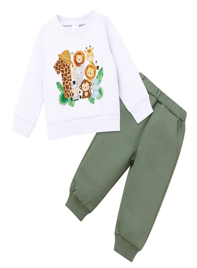 IKADEX Toddler Baby 1st 2nd Birthday Outfit Boy Girl Animal Wild One Print Long Sleeve Top Sweatshirt and Pant Set 2Pcs White 12-18M - Image 1