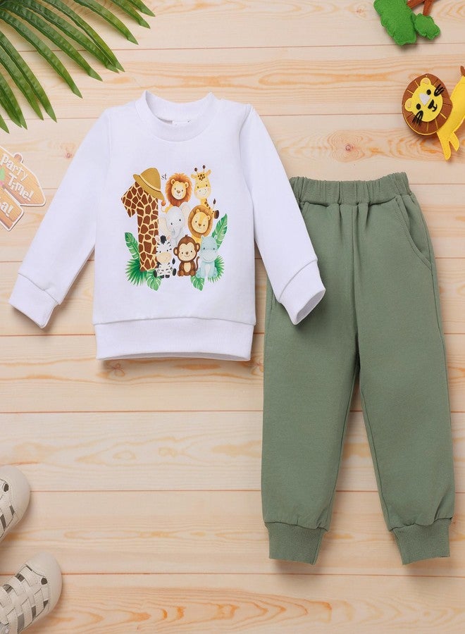 IKADEX Toddler Baby 1st 2nd Birthday Outfit Boy Girl Animal Wild One Print Long Sleeve Top Sweatshirt and Pant Set 2Pcs White 12-18M - Image 4