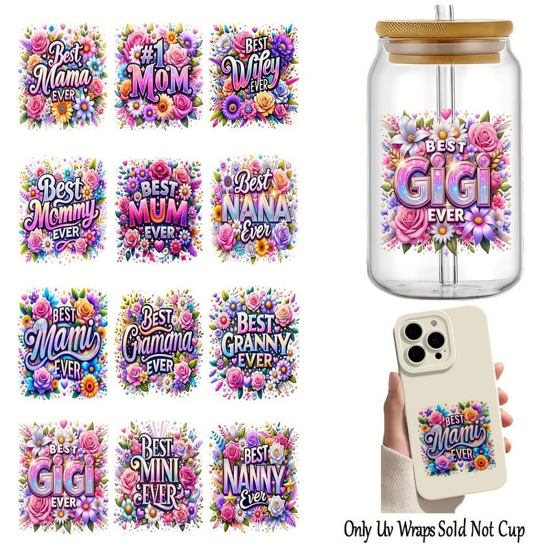 12pcs Family UV DTF Transfers Mom Floral for Glass Cups Tumblers Phone Cases DIY Gift - Image 1