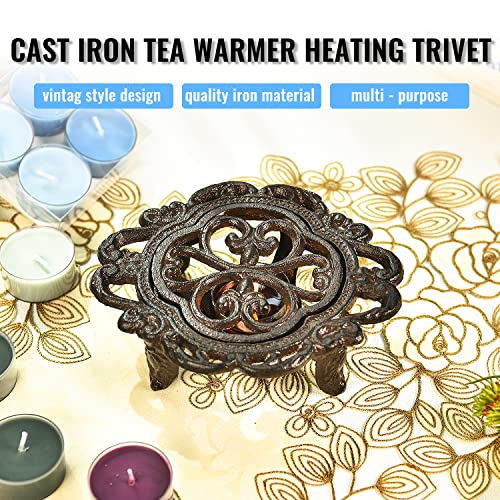 Sungmor Cast Iron Teapot Warmer Dish Cups Heater Pot Trivet - Rustic & Graceful Pattern Design with Tealight Holder - Heavy Duty & Decorative Candle Holder Stands for Heat Food Coffee Milk or Tea - Image 3