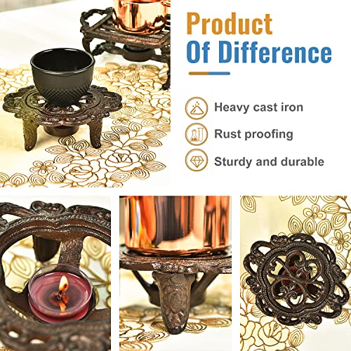 Sungmor Cast Iron Teapot Warmer Dish Cups Heater Pot Trivet - Rustic & Graceful Pattern Design with Tealight Holder - Heavy Duty & Decorative Candle Holder Stands for Heat Food Coffee Milk or Tea - Image 5