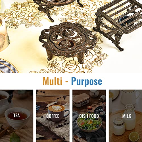 Sungmor Cast Iron Teapot Warmer Dish Cups Heater Pot Trivet - Rustic & Graceful Pattern Design with Tealight Holder - Heavy Duty & Decorative Candle Holder Stands for Heat Food Coffee Milk or Tea - Image 4